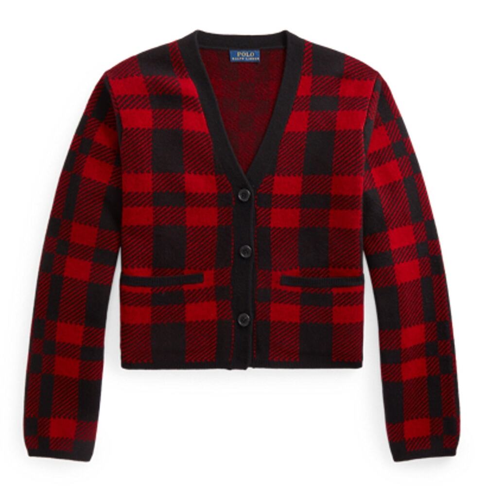 Ralph Lauren Merino Red Black Plaid V Neck Cardigan Size S - Picture 1 of 4